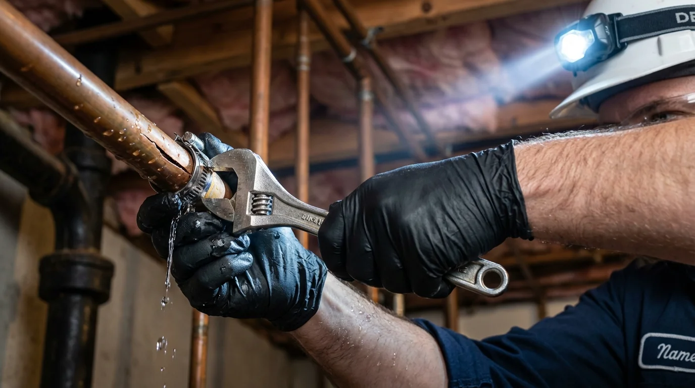 Emergency pipe clamp repair being performed by a Johns Plumbing LLC plumber in Nags Head