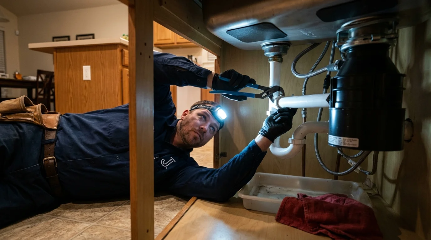 P-trap and supply line connections under a kitchen sink showing a common leak point in Nags Head, NC